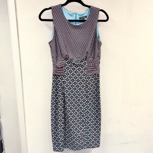 Roz & Ali adorable sleeveless pink & blue pencil dress with ruching, size 6